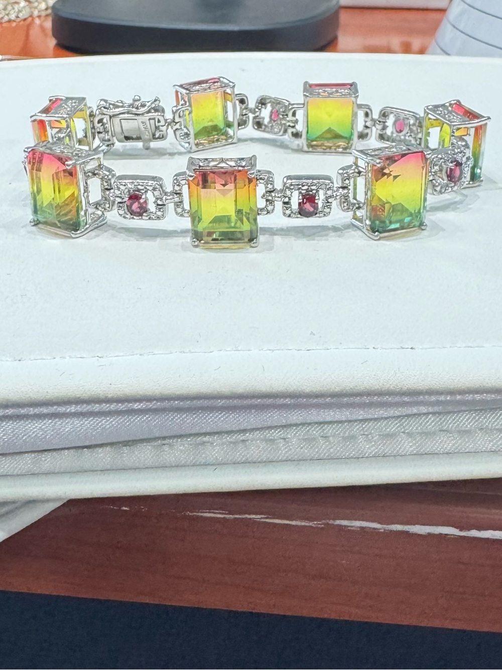 925 Watermelon Tourmaline Link Bracelet | Emerald Cut